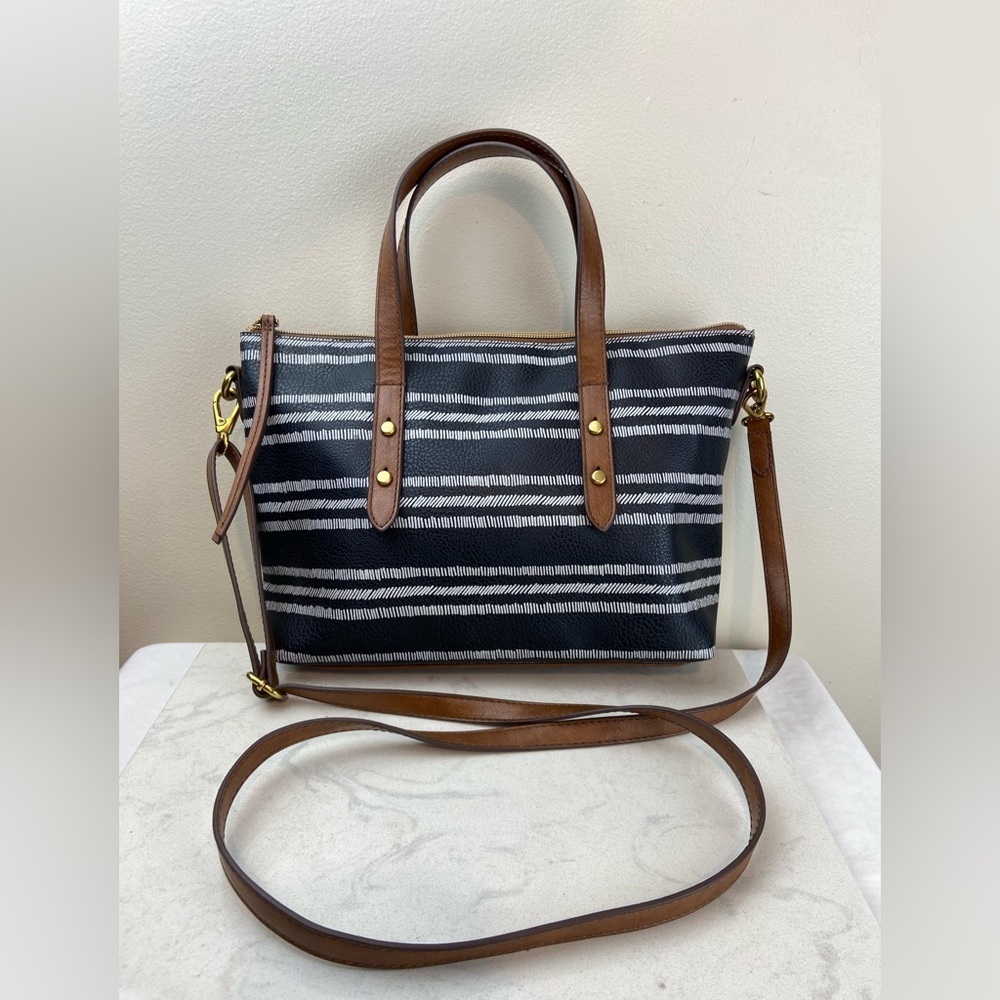 Fossil Striped Crossbody Vegan Leather Satchel Tote - Picture 2 of 10
